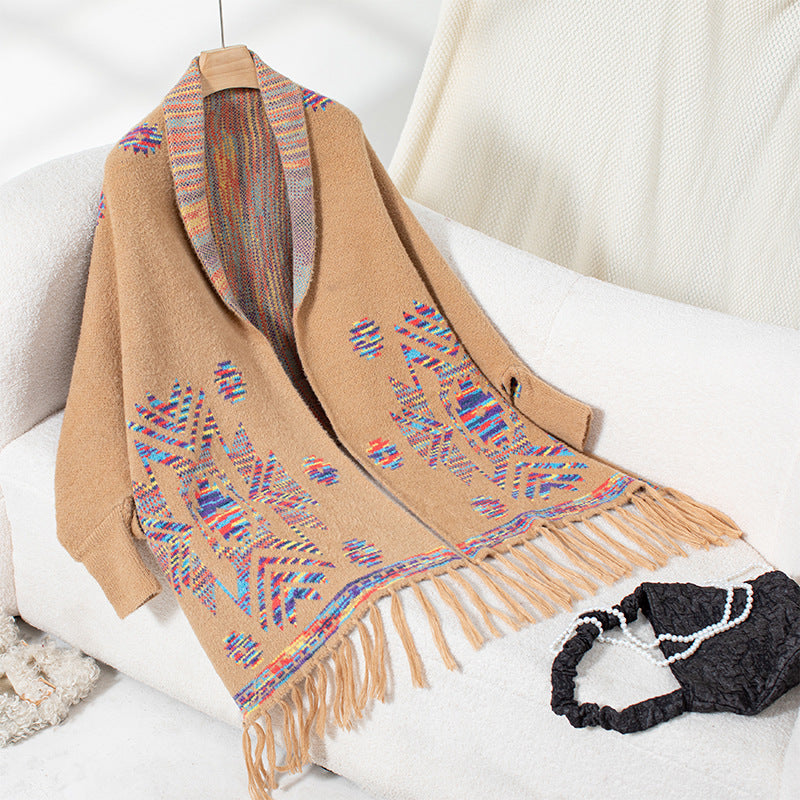 Damen Strickponcho mit buntem Navajo-Muster und fransigem Saum EB