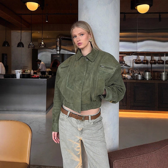 Damen Suede Übergangsjacke im lässigen Stil mit Ballonärmeln EB