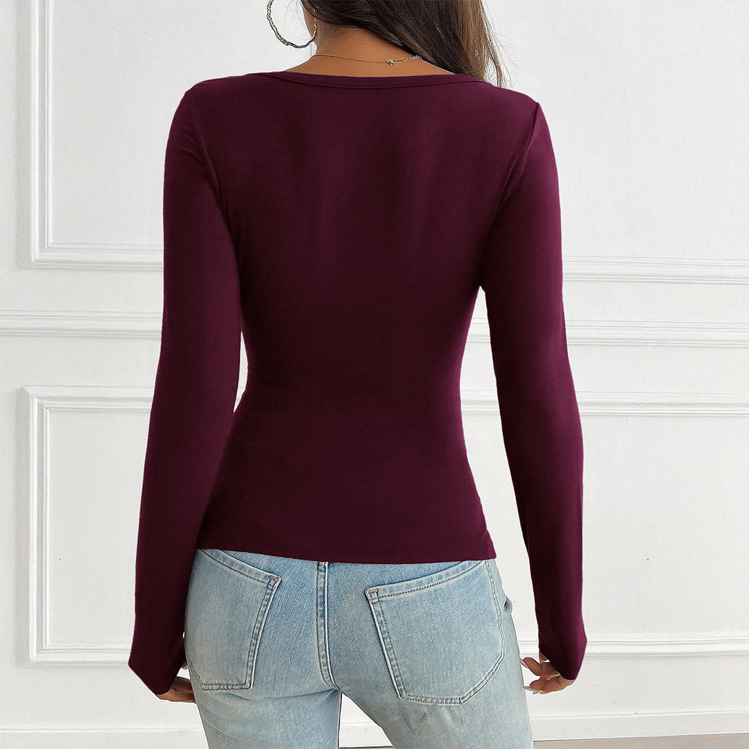 Damen nan tailliertes Langarmshirt mit geraffter Knopfleiste und tiefem V-Ausschnitt EB