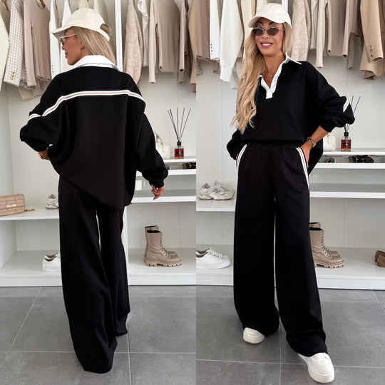 Damen modisches Relax-Set mit Polokragen, markanten Paspelstreifen und weitem Palazzo-Jogger EB