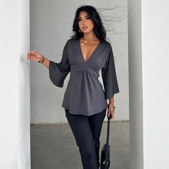Damen Elegantes Wickeloberteil mit weitem Ärmel und V-Ausschnitt EB