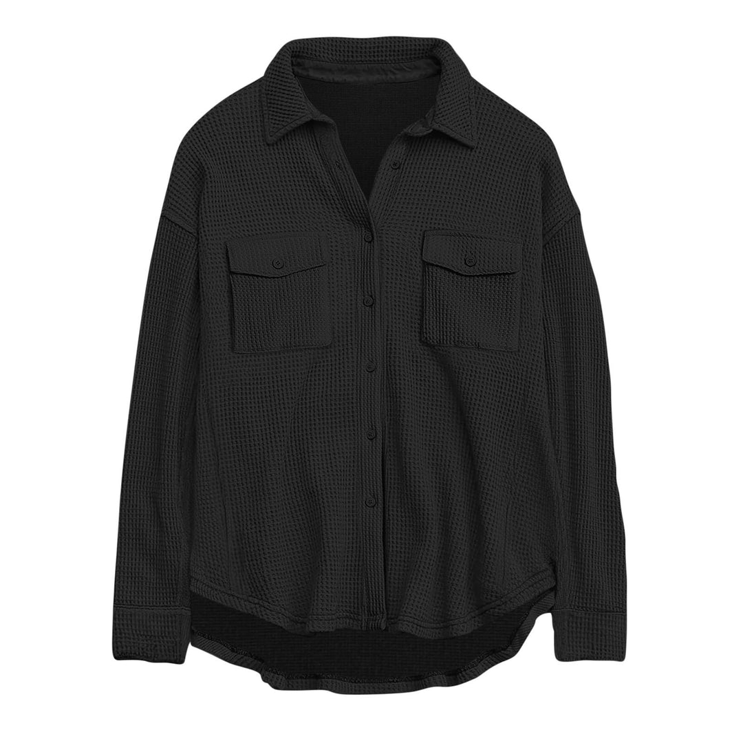 Damen nan oversized Waffelstrick Hemdjacke mit Brusttaschen und Knopfleiste EB