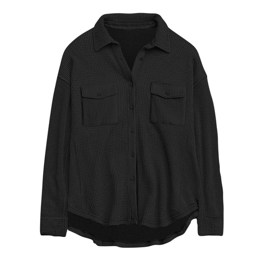 Damen nan oversized Waffelstrick Hemdjacke mit Brusttaschen und Knopfleiste EB