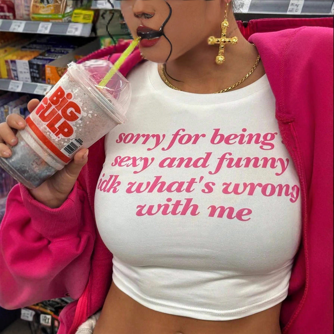 Damen Kurzarm Crop-T-Shirt mit witzigem Schriftzug EB