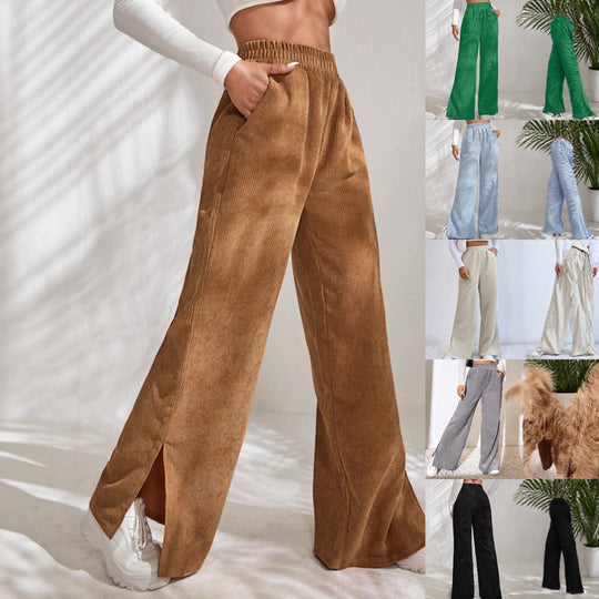 Damen Weite Cord-Hose mit elastischem Bund und seitlichen Schlitzen EB