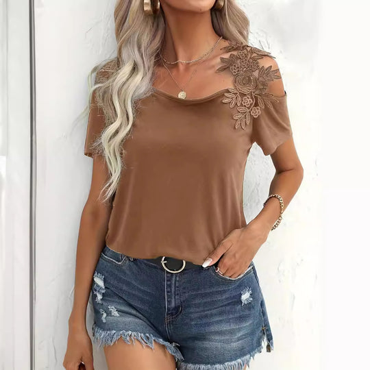 Damen nan schulterfreies Jerseyshirt mit floraler Spitzenapplikation und lockerer Passform EB
