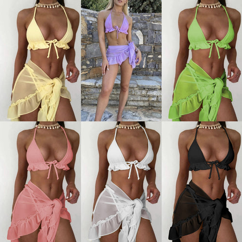 Damen Bikini mit Rüschen und transparentem Wickelrock EB