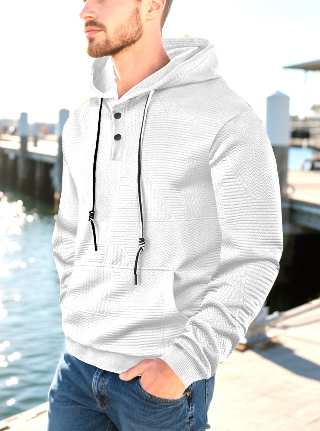 Herren nan geometrischer Struktur-Kapuzenpullover mit Henley-Blende und Kängurutasche EB