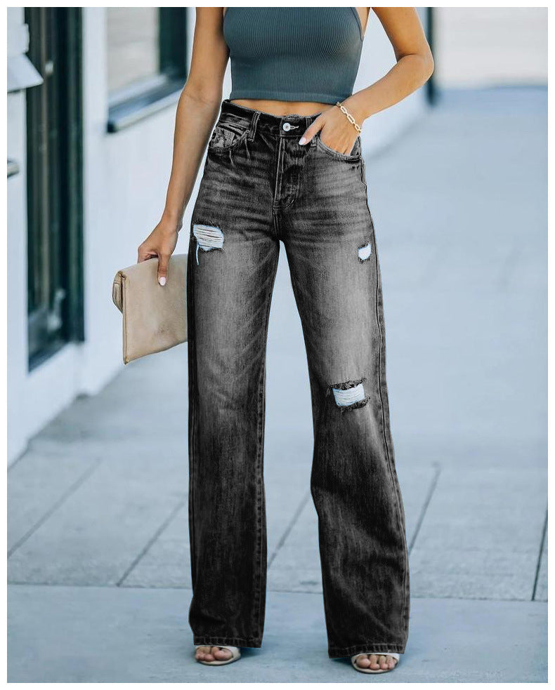 Damen Weit geschnittene Jeans mit Distressed-Effekten und hohem Bund EB