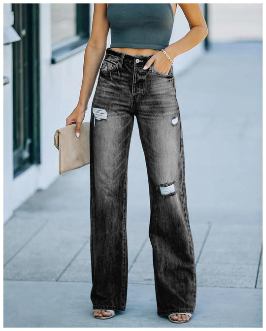 Damen Weit geschnittene Jeans mit Distressed-Effekten und hohem Bund EB