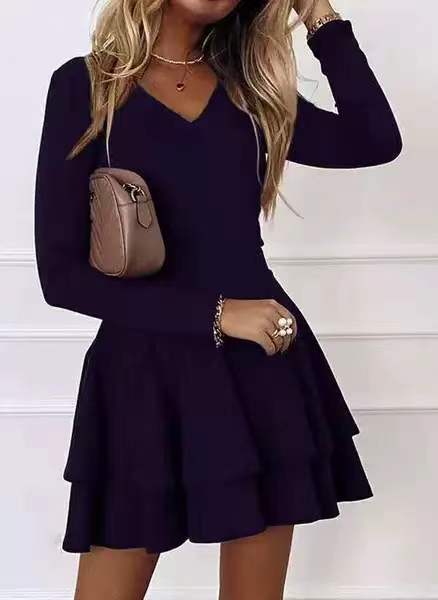 Damen Minikleid mit voluminösen Rüschensaum und V-Ausschnitt EB