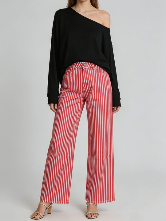 Damen nan weite High-Waist Palazzohose mit vertikalen Streifenoptik und abgesteppten Kniepartien EB