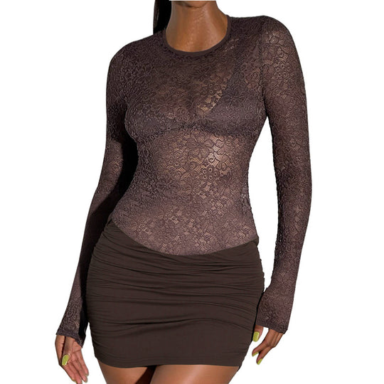 Damen verlaufendes Minikleid mit Spitzenoberteil und langem Arm EB