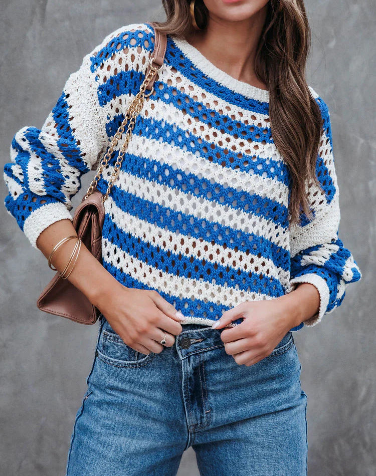 Damen luftiger Strickpullover mit großflächigem Lochmuster und Streifendesign EB