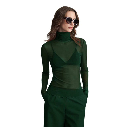 Damen Elegantes langärmliges transparentes Oberteil mit hohem Kragen EB