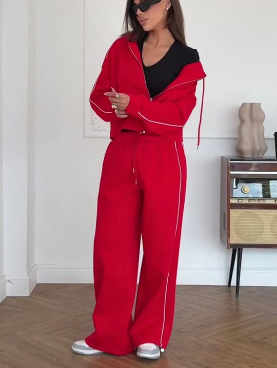 Damen Lässiges zweiteiliges Lounge-Set mit oversized Zipjacke und weitem Kordelzug-Hosenbund EB