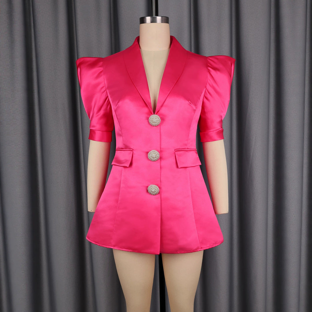 Damen Elegantes Blazer-Kleid mit Puffärmeln und Glitzerknöpfen EB