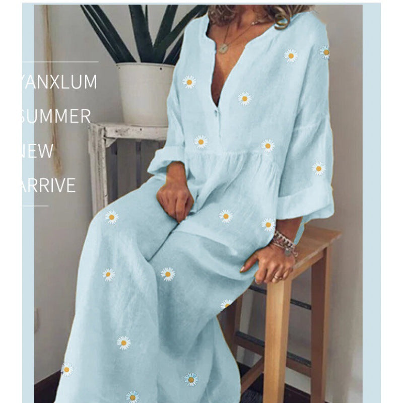 Damen Langes Leinenoptik Maxikleid mit tiefem V‑Ausschnitt, lockerer Empire‑Taillierung und Margeritenprint EB