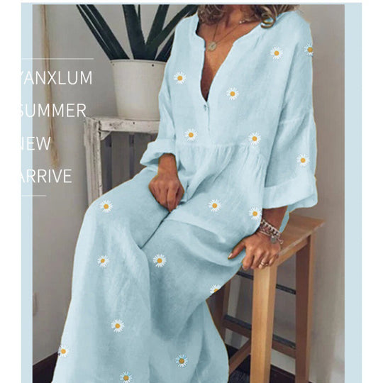 Damen Langes Leinenoptik Maxikleid mit tiefem V‑Ausschnitt, lockerer Empire‑Taillierung und Margeritenprint EB