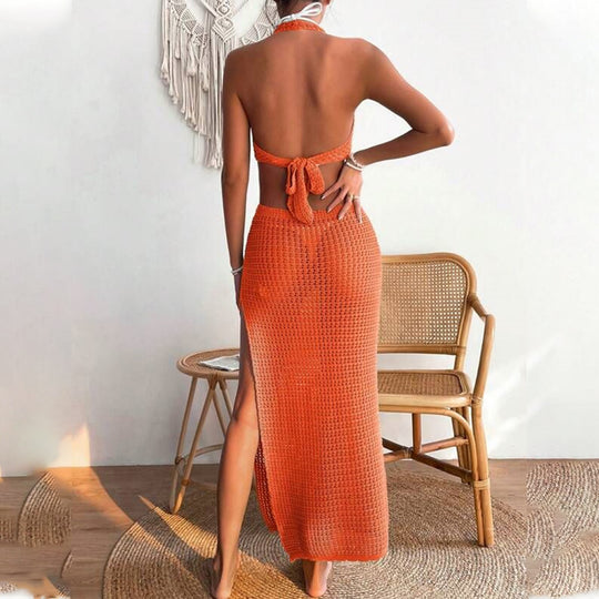 Damen elegantes Häkelkleid mit tiefem Ausschnitt EB