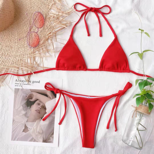 Damen Triangel-Bikini mit verstellbaren Bindebändern und Rippstrick EB
