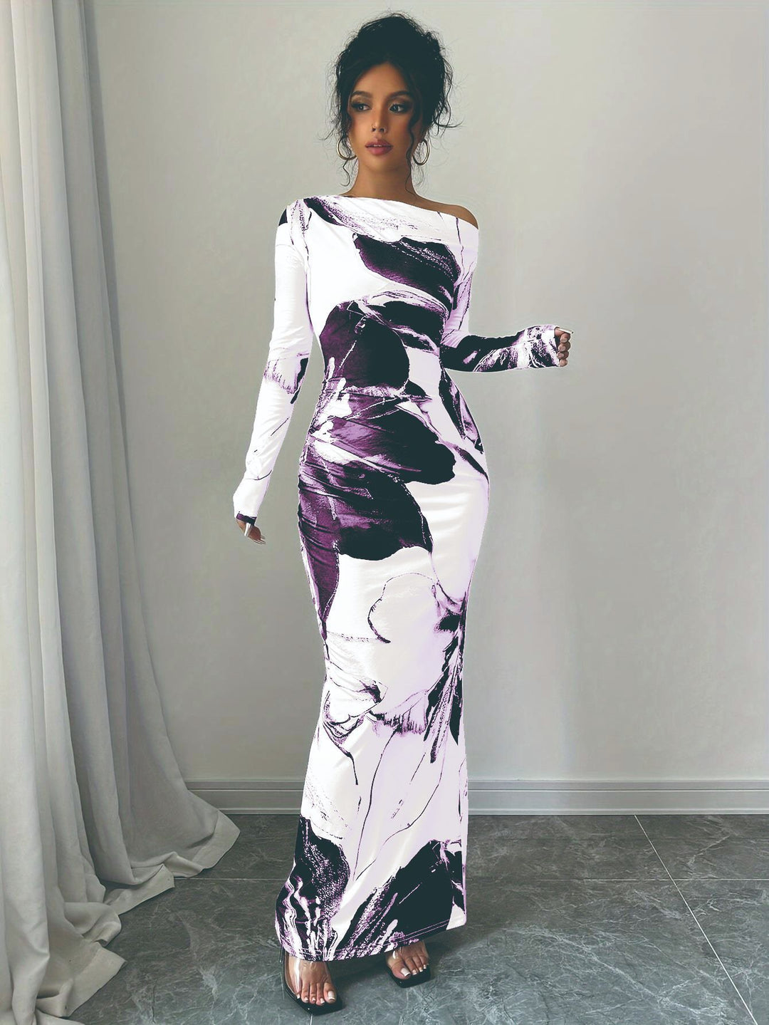 Damen Elegantes Maxikleid mit asymmetrischem Design und modernem Druck EB