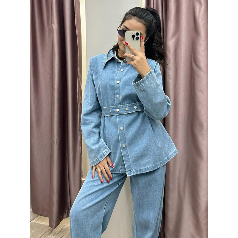 Damen Denim-Blazer-Set im Vintage-Stil mit Taillengürtel EB