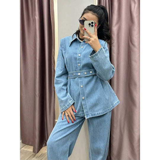 Damen Denim-Blazer-Set im Vintage-Stil mit Taillengürtel EB