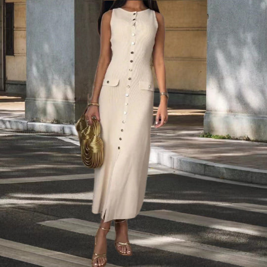 Damen Strickmaxikleid mit Knopfleiste und seitlichen Schlitzen EB
