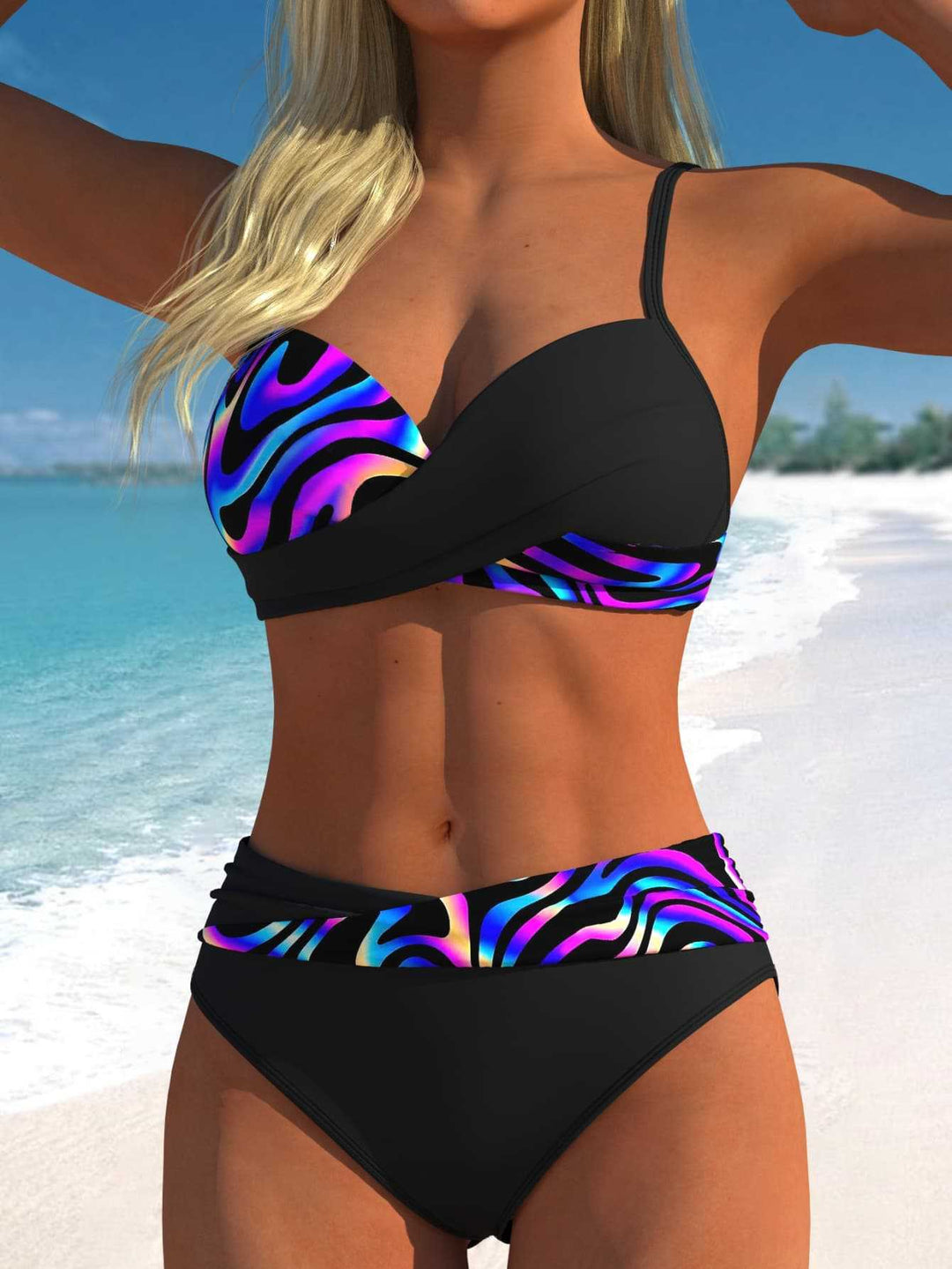 Damen Bikini-Set mit floralem Wickelmuster und bequemen High-Waist-Höschen EB