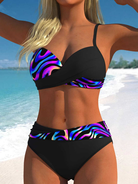 Damen Bikini-Set mit floralem Wickelmuster und bequemen High-Waist-Höschen EB