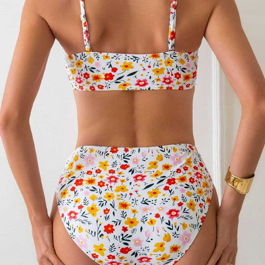 Damen Bandeau-Bikini mit hoch geschnittenem Unterteil und floralem Print EB