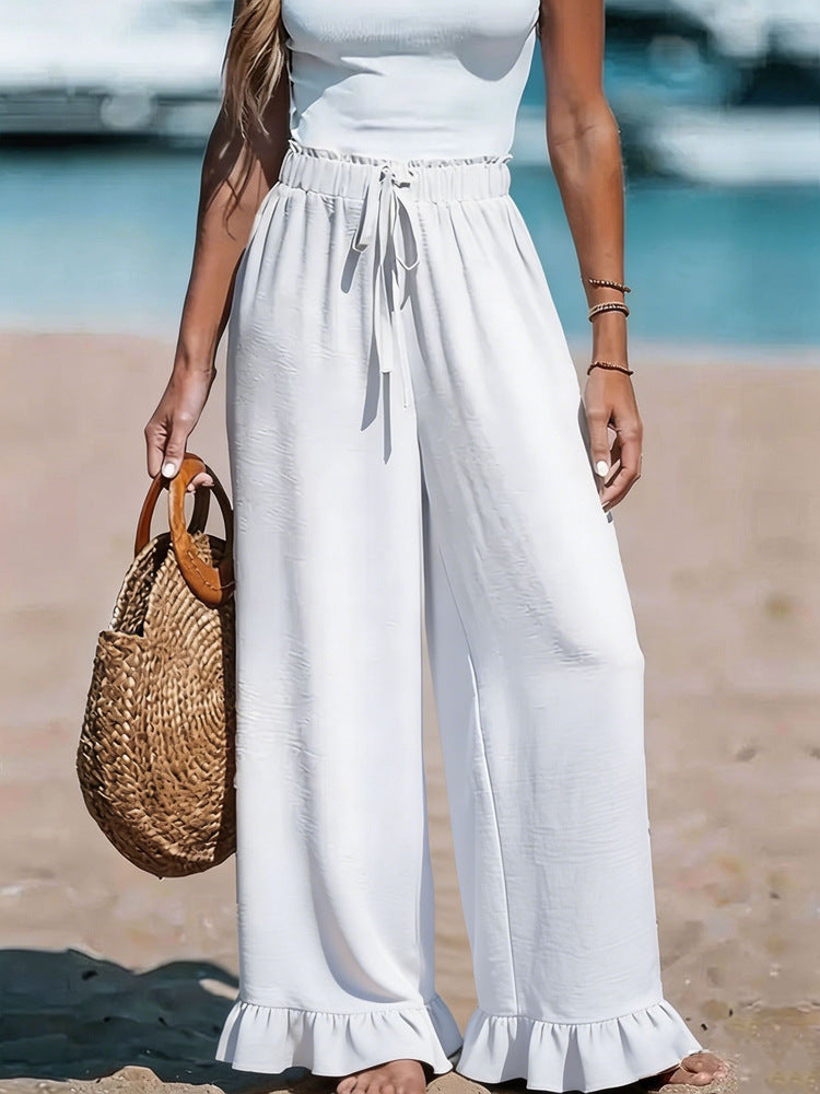 Damen Leichte Leinenhose mit weitem Bein und elastischem Bund EB