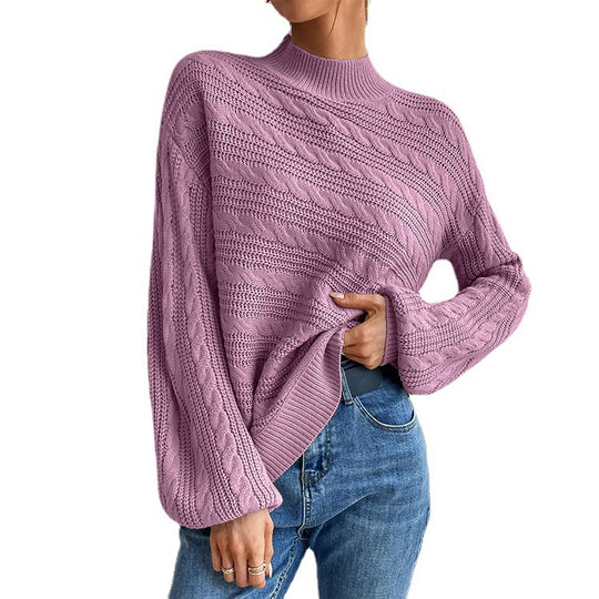 Damen Strickpullover mit hohem Kragen und dekorativem Zopfmuster EB