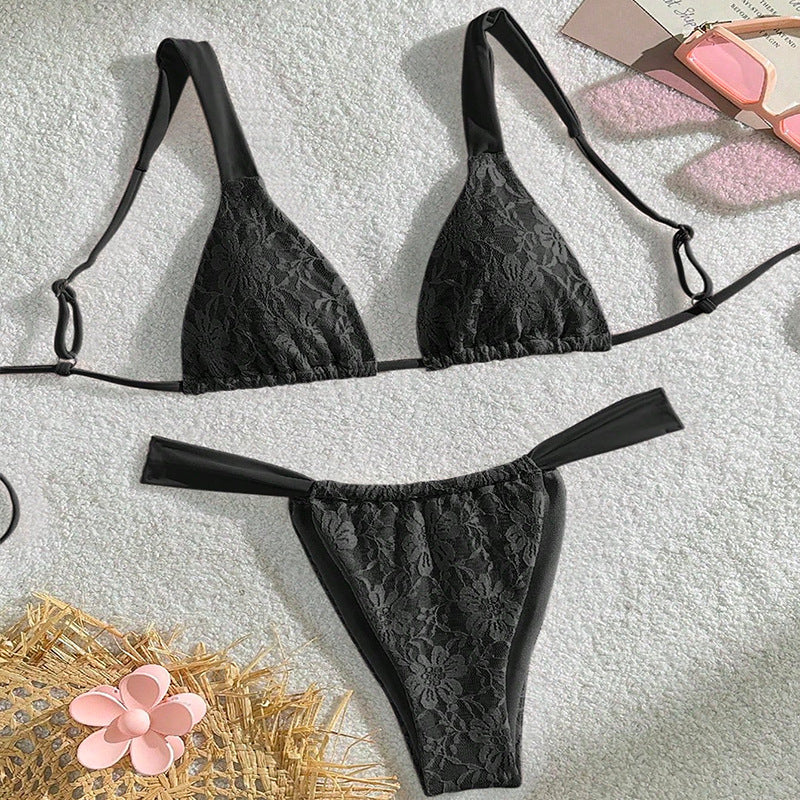 Damen Triangel-Bikini mit floralem Spandex-Muster und verstellbaren Trägern EB