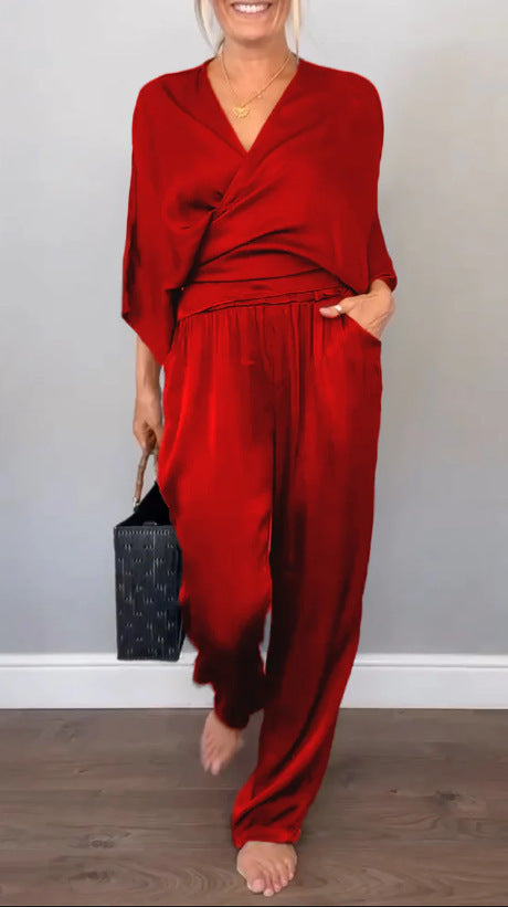 Damen elegantes und bequemes Satin-Hosenanzug EB
