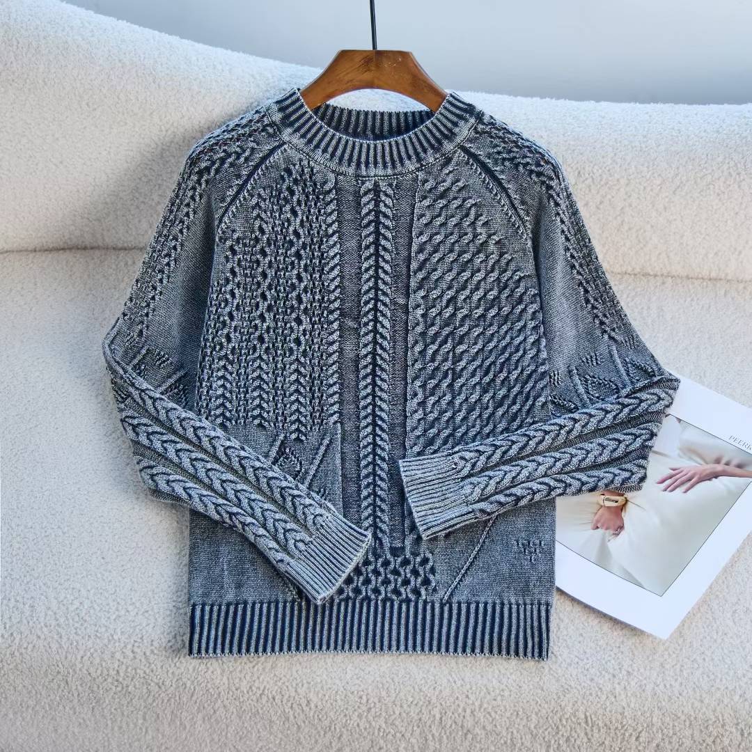 Damen Grob gestrickter Pullover mit Zopfmuster und lässigem Schnitt EB