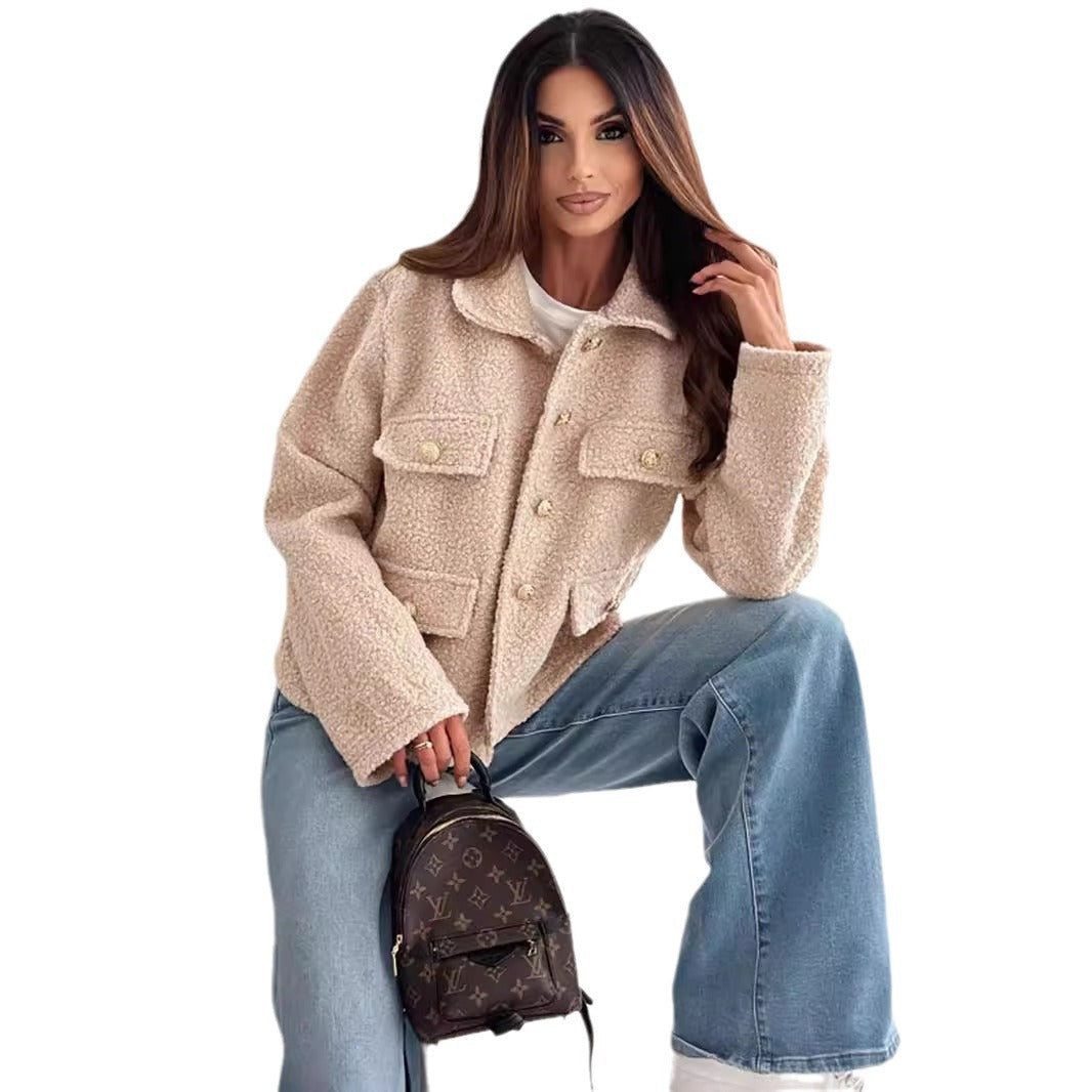 Damen kuschelige Teddyjacke mit modernem Schnitt und großen Taschen EB
