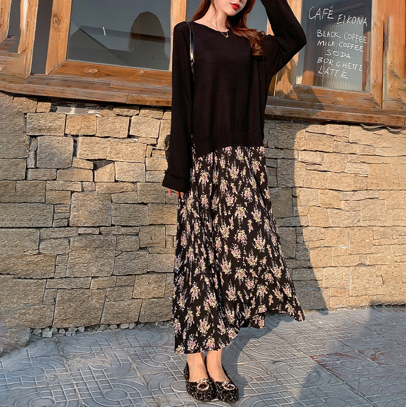 Damen nan lässiges Lagenkleid mit Sweatshirtoberteil und bedrucktem Midirock EB