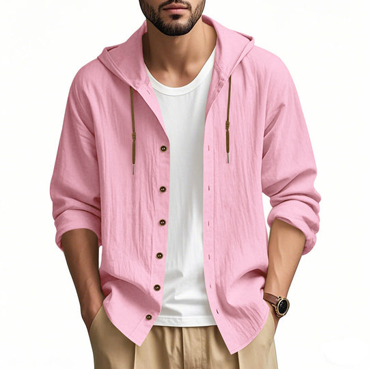 Herren nan leichtes Kapuzenhemdjacke aus Leinenoptik mit durchgehender Knopfleiste EB