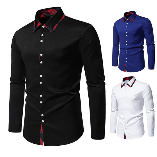 Herren elegantes Langarmhemd mit karierter Kragen-Details EB