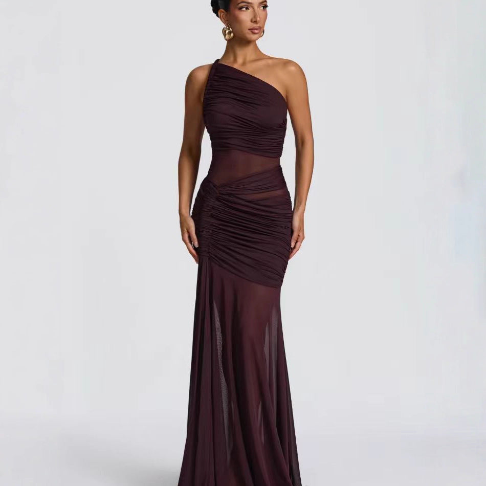 Damen Elegantes asymmetrisches Maxikleid mit Raffungen und transparenten Einsätzen EB