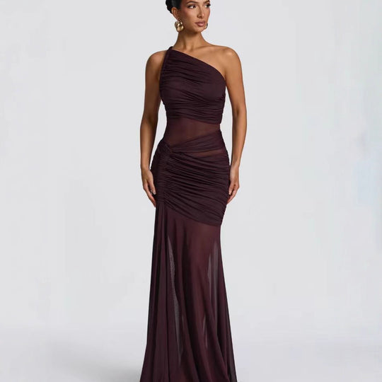 Damen Elegantes asymmetrisches Maxikleid mit Raffungen und transparenten Einsätzen EB