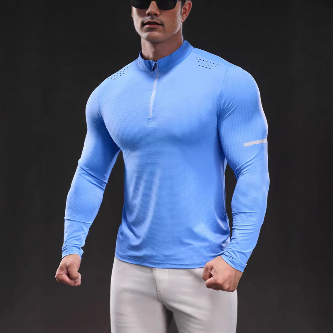 Herren Atmungsaktives Longsleeve Trainingsshirt mit Stehkragen und Kurz-Reißverschluss EB