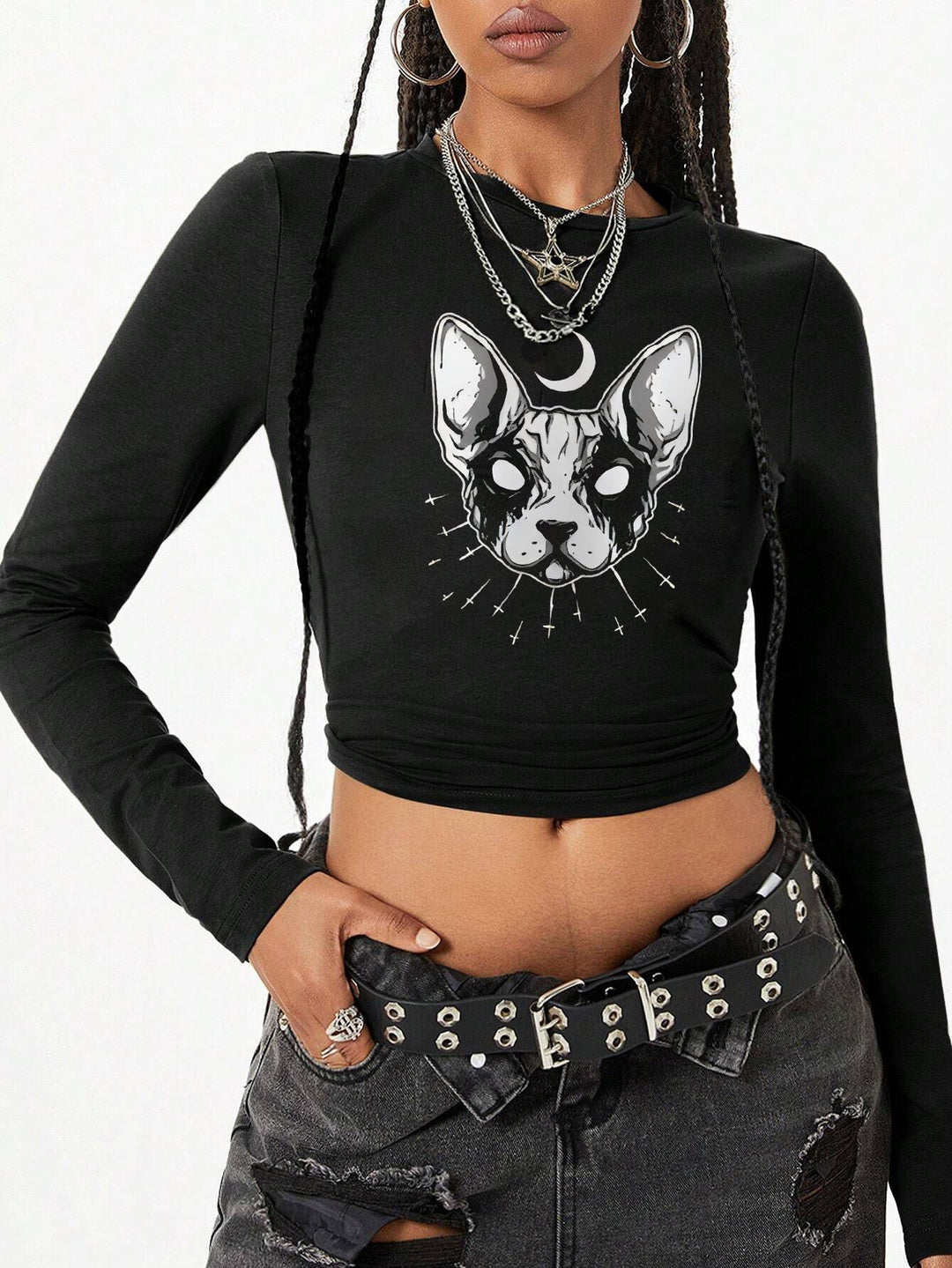 Damen nan figurbetontes langärmeliges Cropped-Shirt mit fotorealistischer Lippen-Collage und schmaler Passform EB