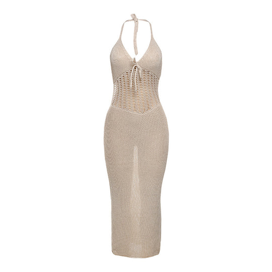 Damen Strick-Maxi-Kleid mit tiefem V-Ausschnitt und raffiniertem Knoten EB