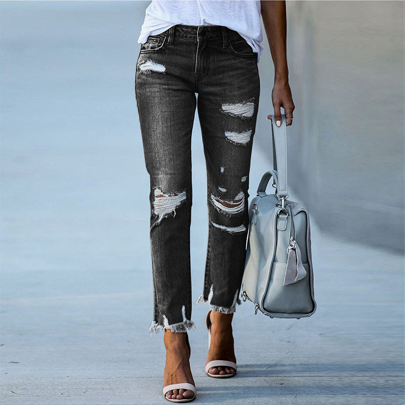 Damen destroyed Jeans mit fransigen Säumen und modischen Rissen EB