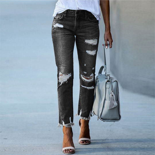 Damen destroyed Jeans mit fransigen Säumen und modischen Rissen EB