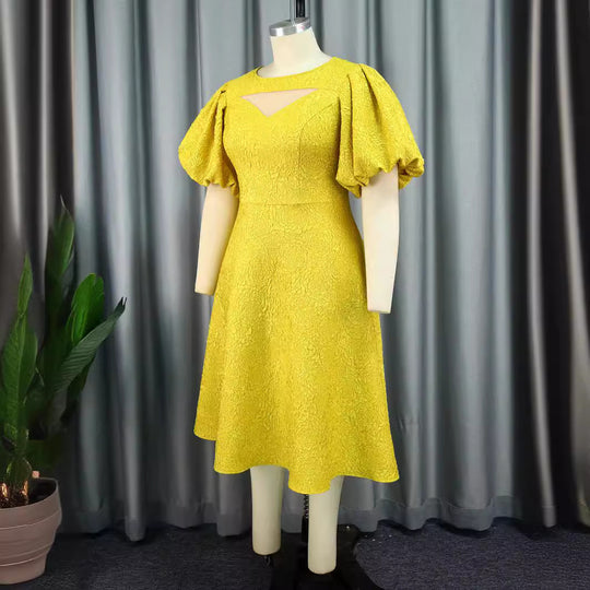 Damen Midi-Kleid mit voluminösen Puffärmeln und dekorativem Ausschnitt EB