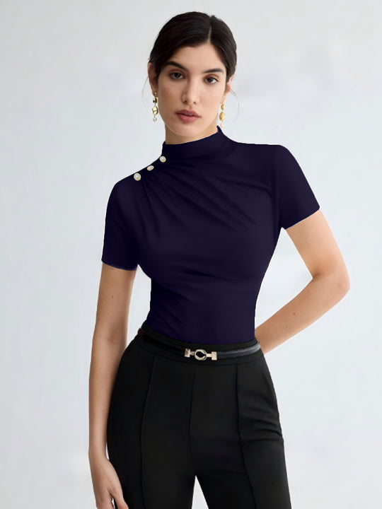 Damen elegantes Oberteil mit dekorativen Knopfdetails und modernem Stehkragen EB